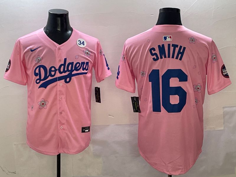 Men Los Angeles Dodgers 16 Smith Pink Sakura Edition 2025 Nike MLB Jersey style 8